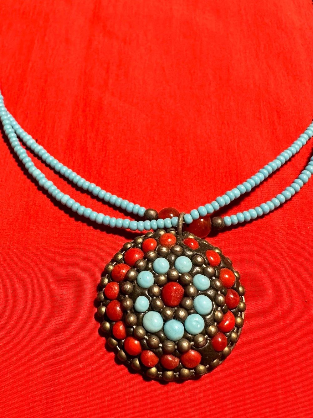 Beaded Turquoise & Coral Pendant Necklace - Women's Jewelry